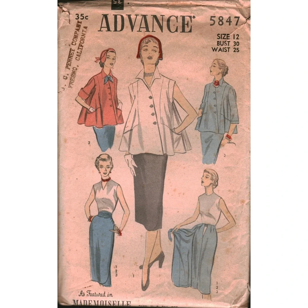 Vintage 1950s Advance 5847 Sewing Pattern Topper Jacket Slim Wrap Skirt Bust 30